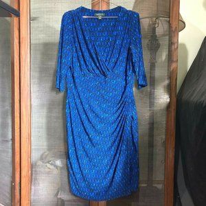$$$$ LAUREN RALPH LAUREN WRAP DRESS BLUE GEO PRINT DRESS RUCHED FITTED V-NK PLUS